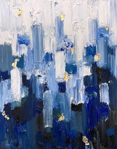 "Dot Dot - Ne m'oublie Pas" Pittura a olio astratta a gradiente blu su carta