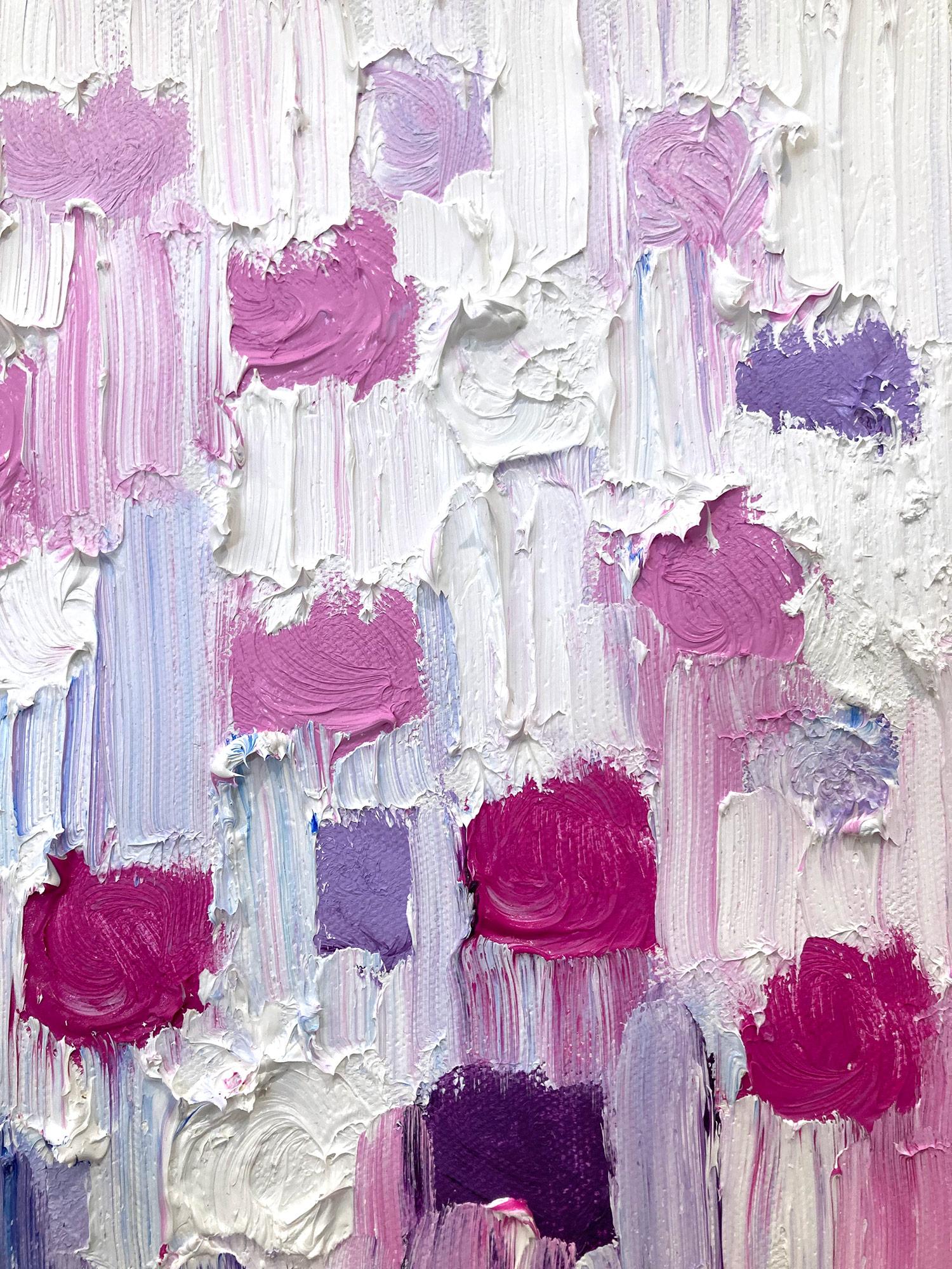 With layers of bright oils and whisking brush strokes, the paint is able to shine and shimmer in a very unique pattern. The artist uses gold leaf and thick textured oils, to add a very contemporary, urban feel. The way the paint blends and washes