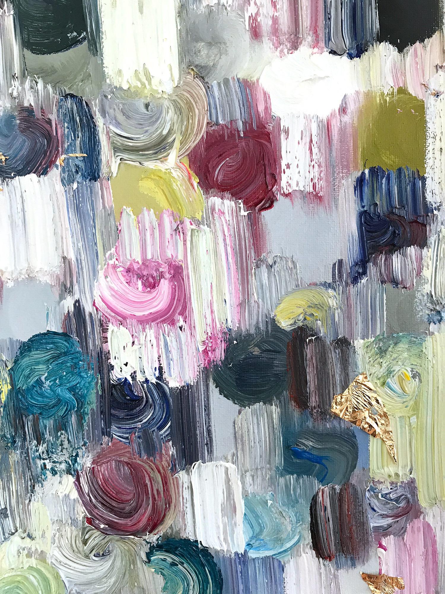With layers of bright oils and whisking brush strokes, the paint is able to shine and shimmer in a very unique pattern. This painting is from Shaoul's more modern collective works with a very decorative contemporary style. The way the paint blends
