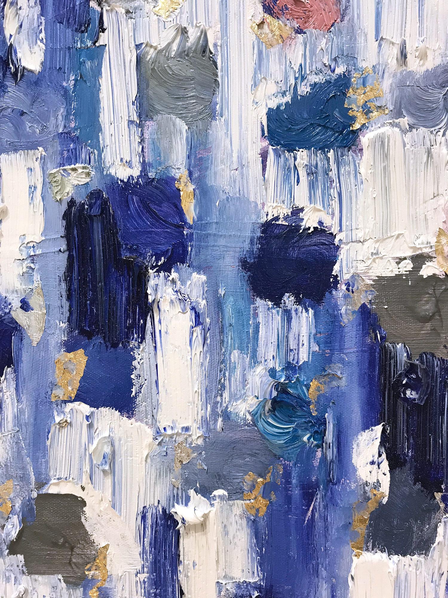 With layers of bright oils and whisking brush strokes, the paint is able to shine and shimmer in a very unique pattern. The artist uses thick textured oils, glass, with gold and silver leaf to add a very contemporary, urban feel. The way the paint