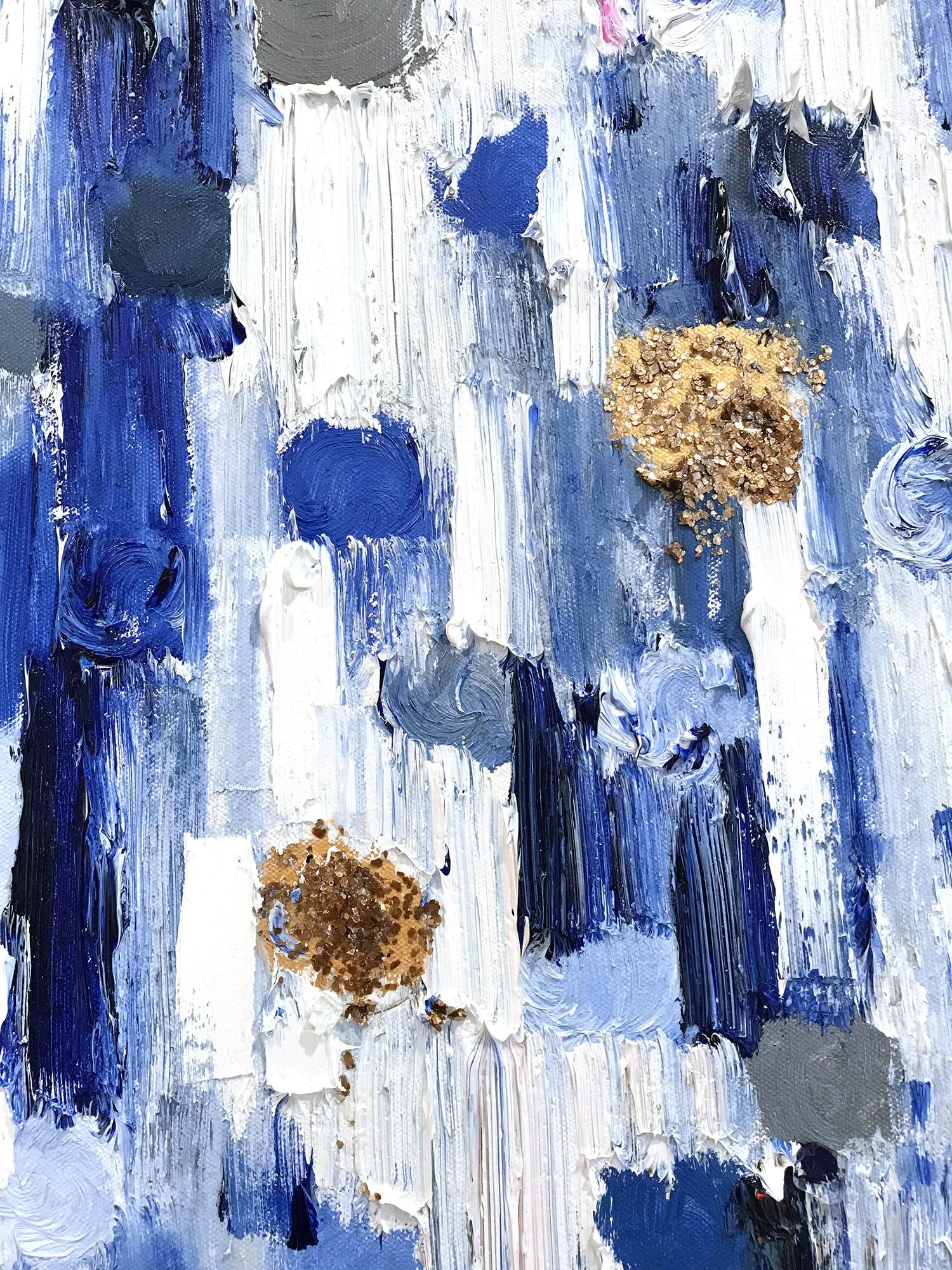 With layers of bright oils and whisking brush strokes, the paint is able to shine and shimmer in a very unique pattern. The artist uses thick textured oils, glass, with silver and gold, to add a very contemporary, urban feel. The way the paint