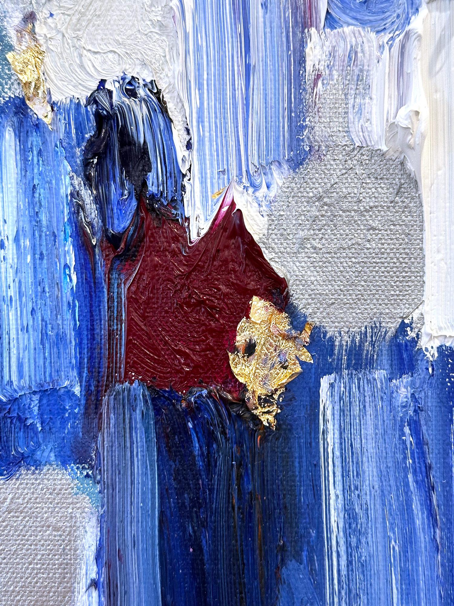 Con capas de óleos brillantes y pinceladas batidas, la pintura es capaz de brillar y resplandecer en un patrón muy singular. El artista utiliza escamas de oro con óleos de textura gruesa y vidrio para dar un toque muy contemporáneo y urbano. Los