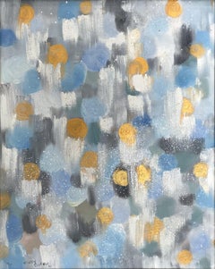 "Dripping Dots - Periwinkle & Gold" Bunte Contemporary Ölgemälde auf Leinwand