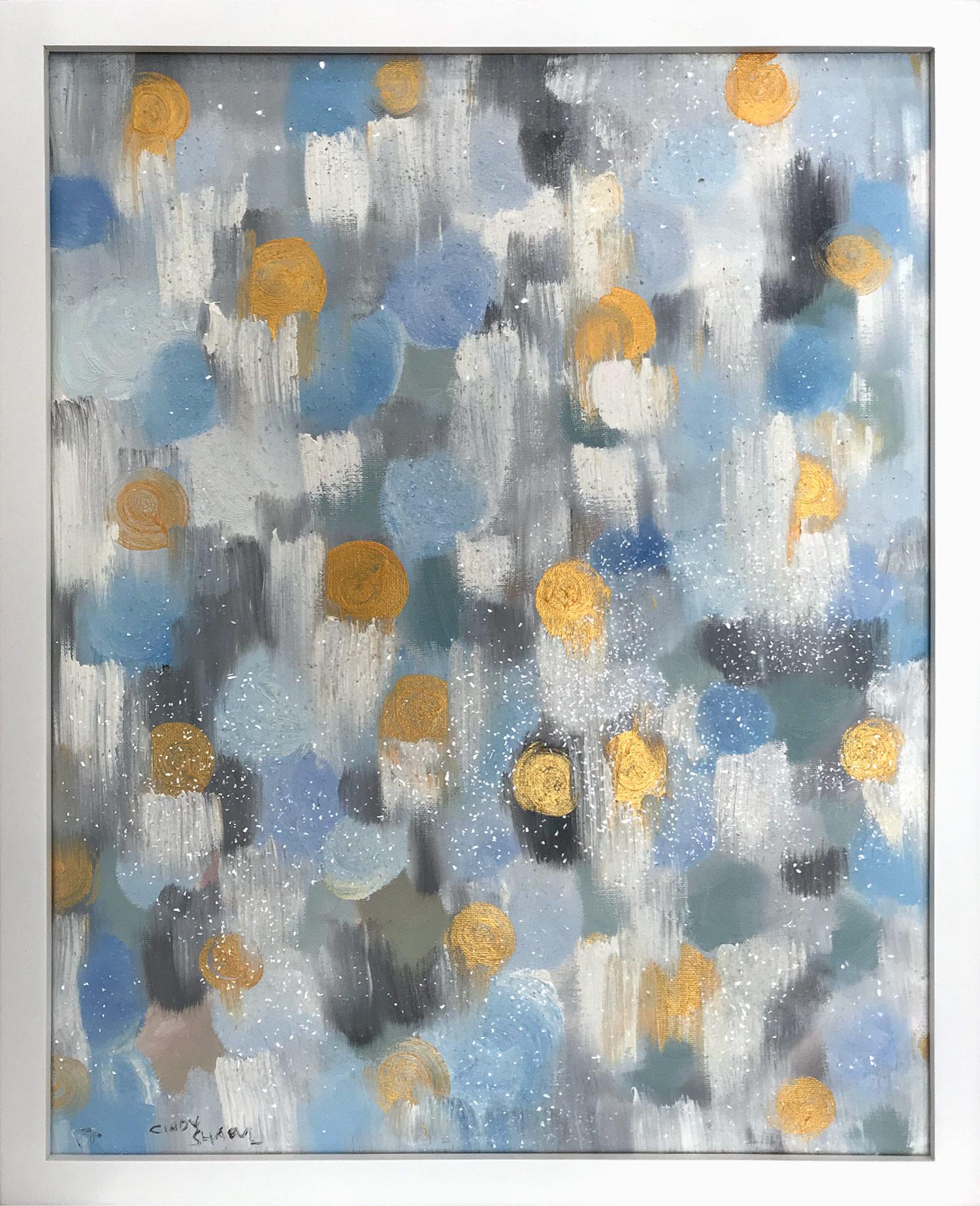 Cindy Shaoul Abstract Painting – "Dripping Dots - Periwinkle & Gold" Bunte Contemporary Ölgemälde auf Leinwand