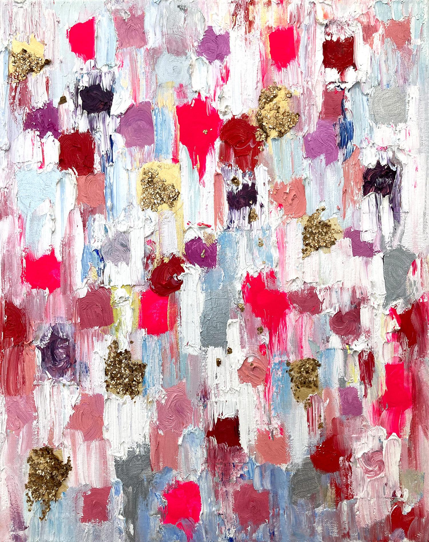 Abstract Painting Cindy Shaoul - "Dripping Dots - Pink Love, Hollywood Blvd" Peinture à l'huile colorée sur toile