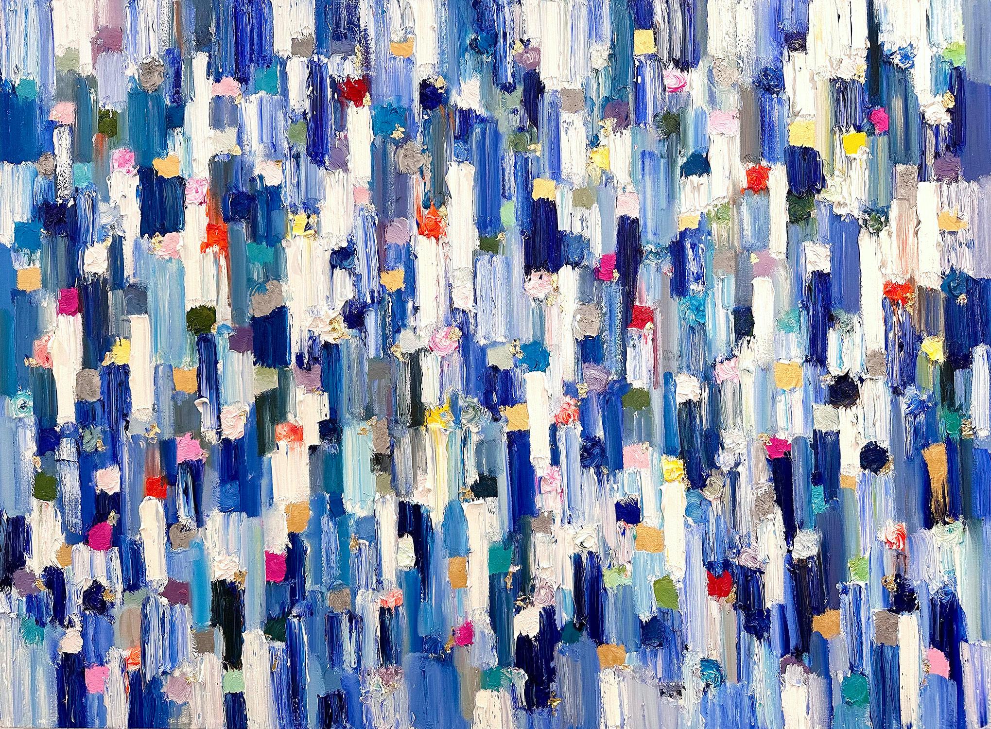 Abstract Painting Cindy Shaoul - "Dripping Dots - Porto Fino" Peinture à l'huile contemporaine multicolore sur toile