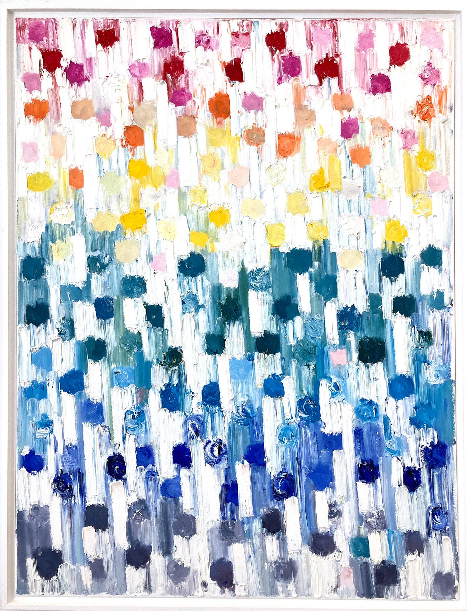 Cindy Shaoul Abstract Painting - "Dripping Dots - Rainbow in Calypso" Multicolor Contemporary Oil Painting Canvas