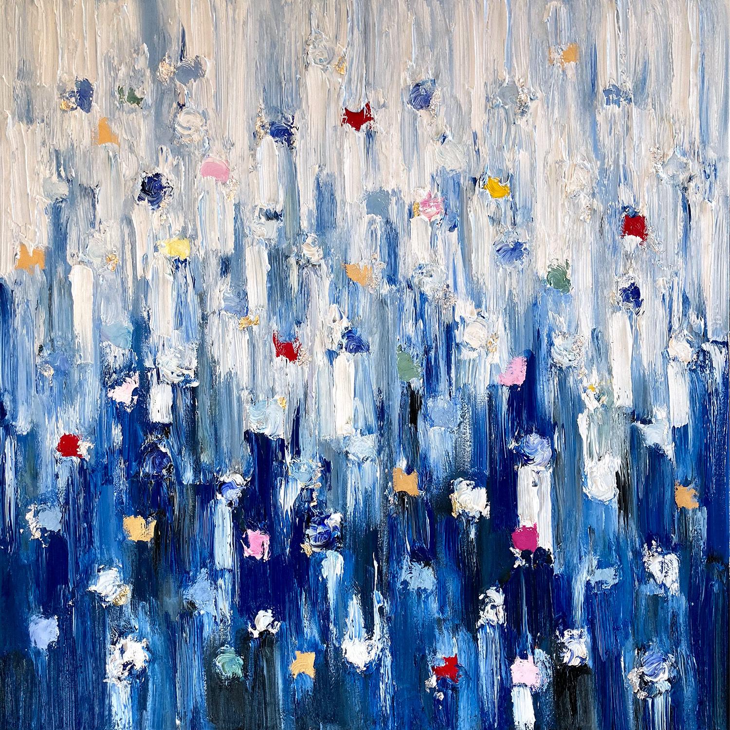 "Dot Dot - Regency" Pittura ad olio astratta contemporanea blu su tela