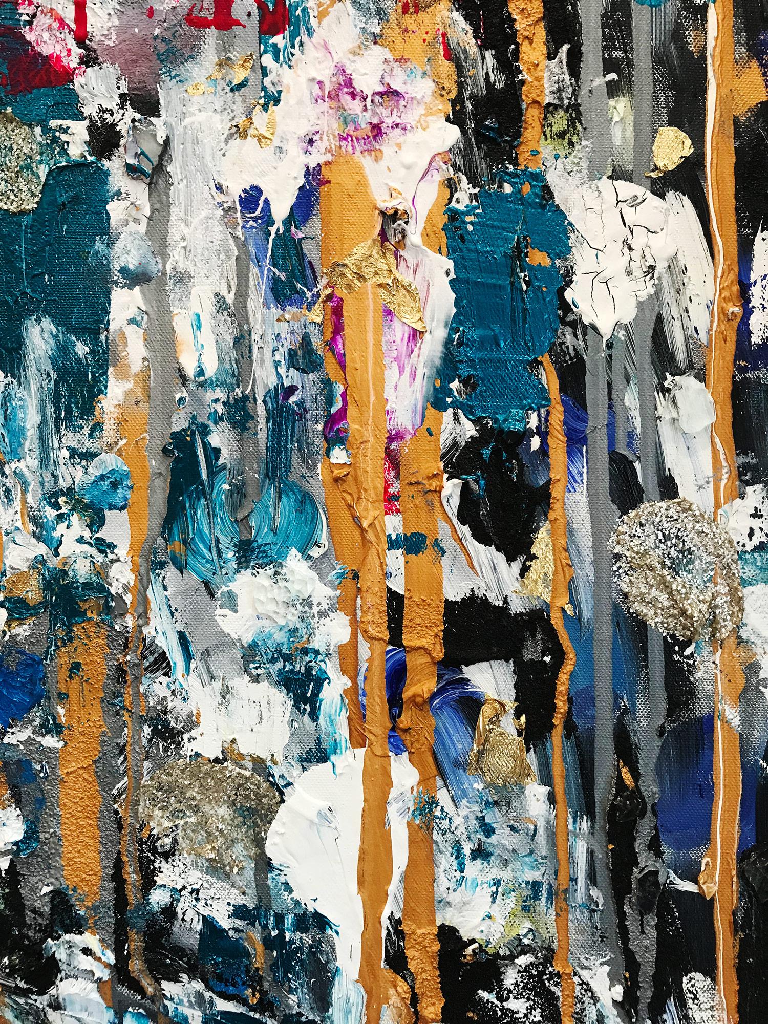 With layers of bright oils and whisking brush strokes, the paint is able to shine and shimmer in a very unique pattern. The artist uses gold drips, gold leaf, mixed media and pieces of glass to add a very contemporary, Urban feel. The way the paint