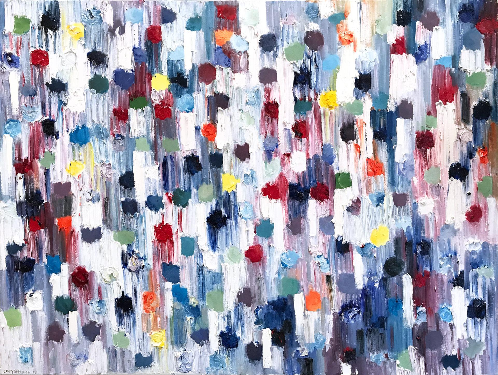 Dripping Dots, Shanghai, Colorful, Abstract, Oil Painting - Gray Abstract Painting by Cindy Shaoul