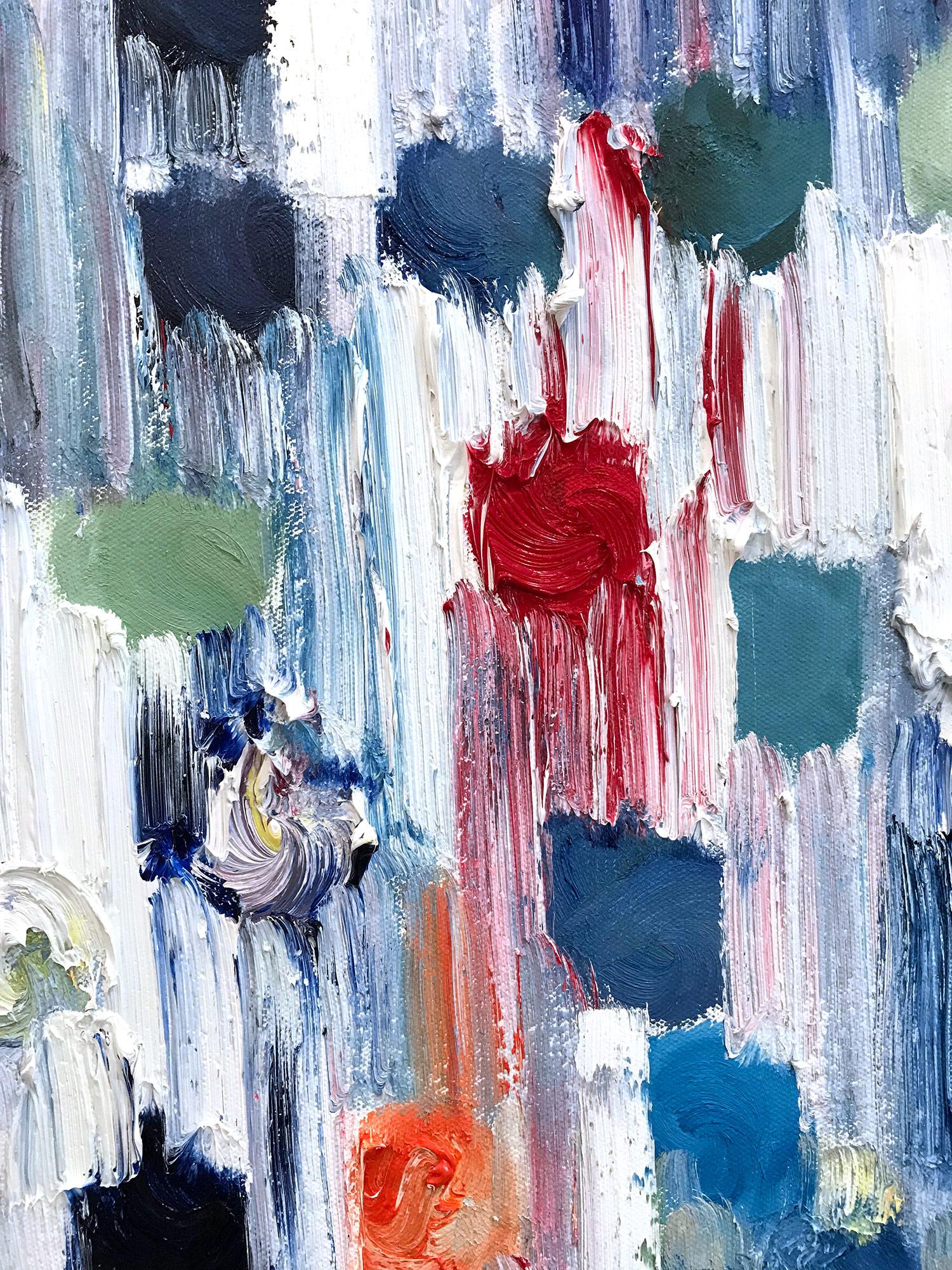 With layers of bright oils and whisking brush strokes, the paint is able to shine and shimmer in a very unique pattern. The artist uses gold leaf and thick textured oils, to add a very contemporary, urban feel. The way the paint blends and washes