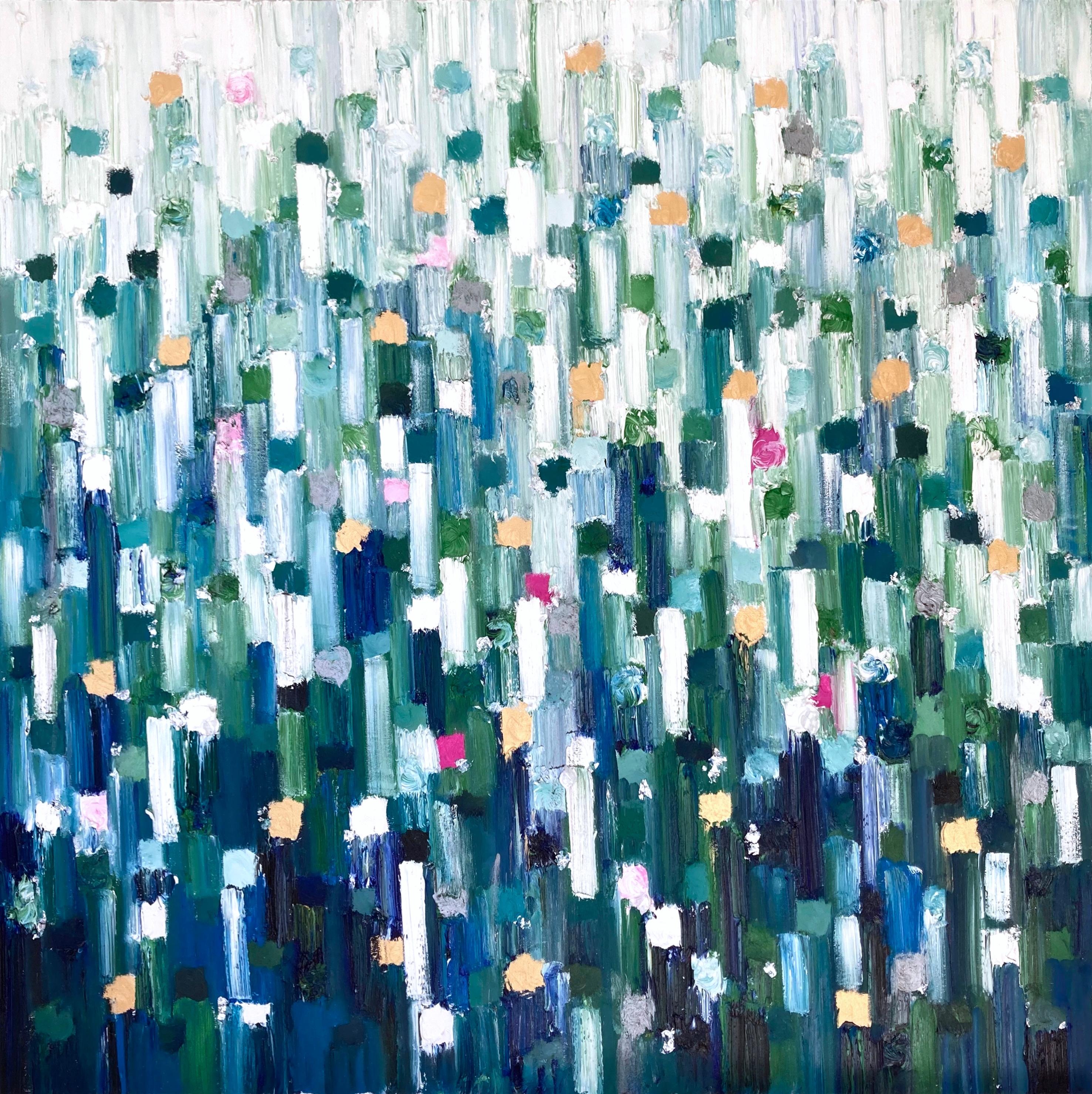 Cindy Shaoul Abstract Painting - "Dripping Dots - Singapore" Green Contemporary Oil Painting on Canvas with Gold