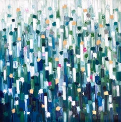 "Dripping Dots - Singapore" Green Contemporary Oil Painting on Canvas with Gold