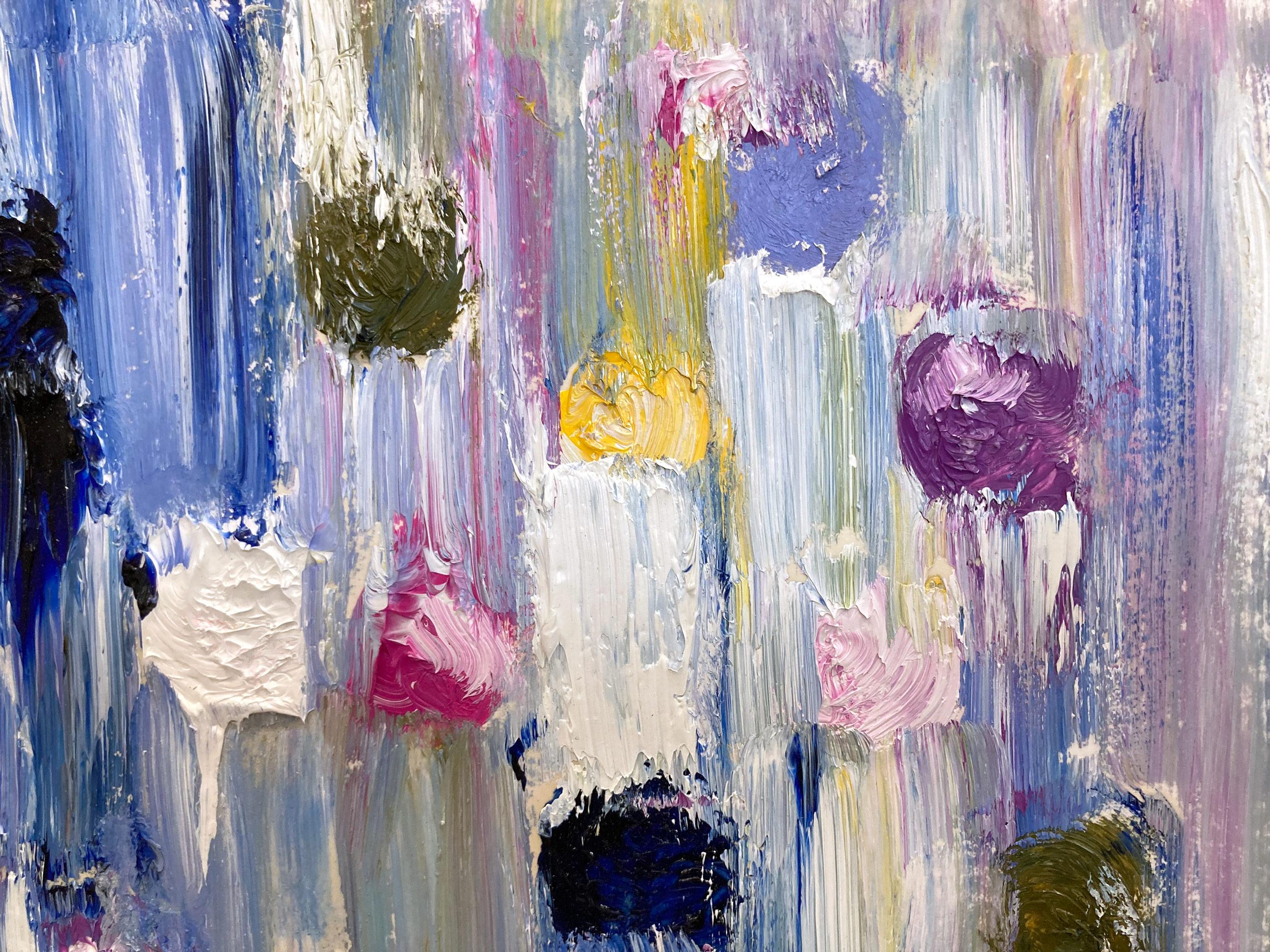 With layers of bright oils and whisking brush strokes, the paint is able to shine and shimmer in a very unique pattern. The artist uses thick textured oils and hand embellished pieces of glass to add a very contemporary, urban feel. The way the