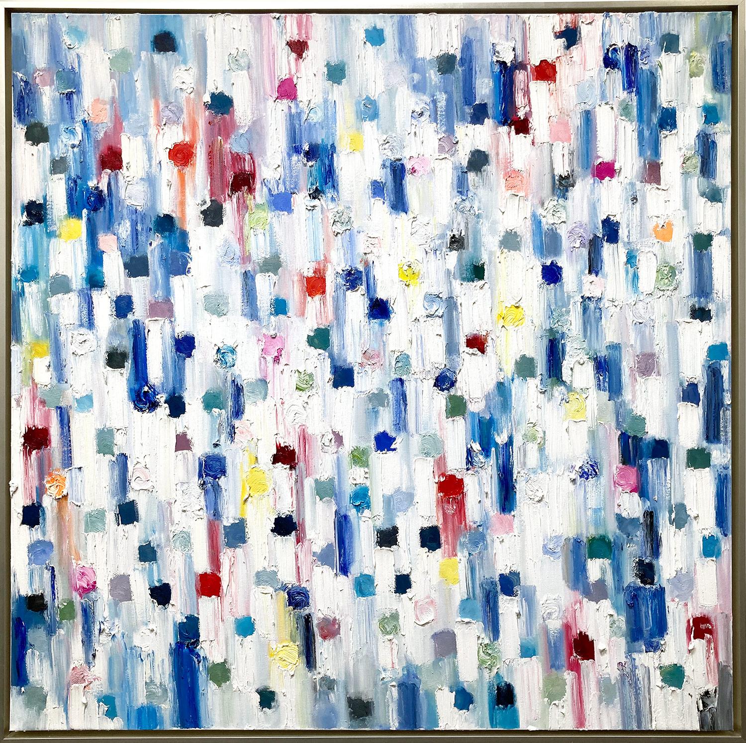 Cindy Shaoul Abstract Painting - "Dripping Dots -  St. Barth's" Colorful Abstract Oil Painting on Canvas Framed
