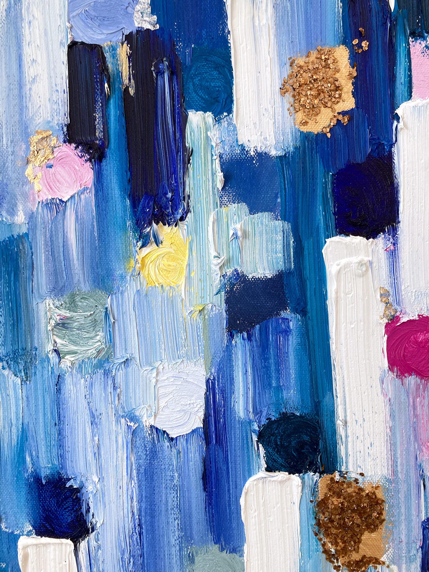 « Droping Dots - St Tropez », peinture abstraite colorée à l'huile sur toile, technique mixte  - Bleu Abstract Painting par Cindy Shaoul