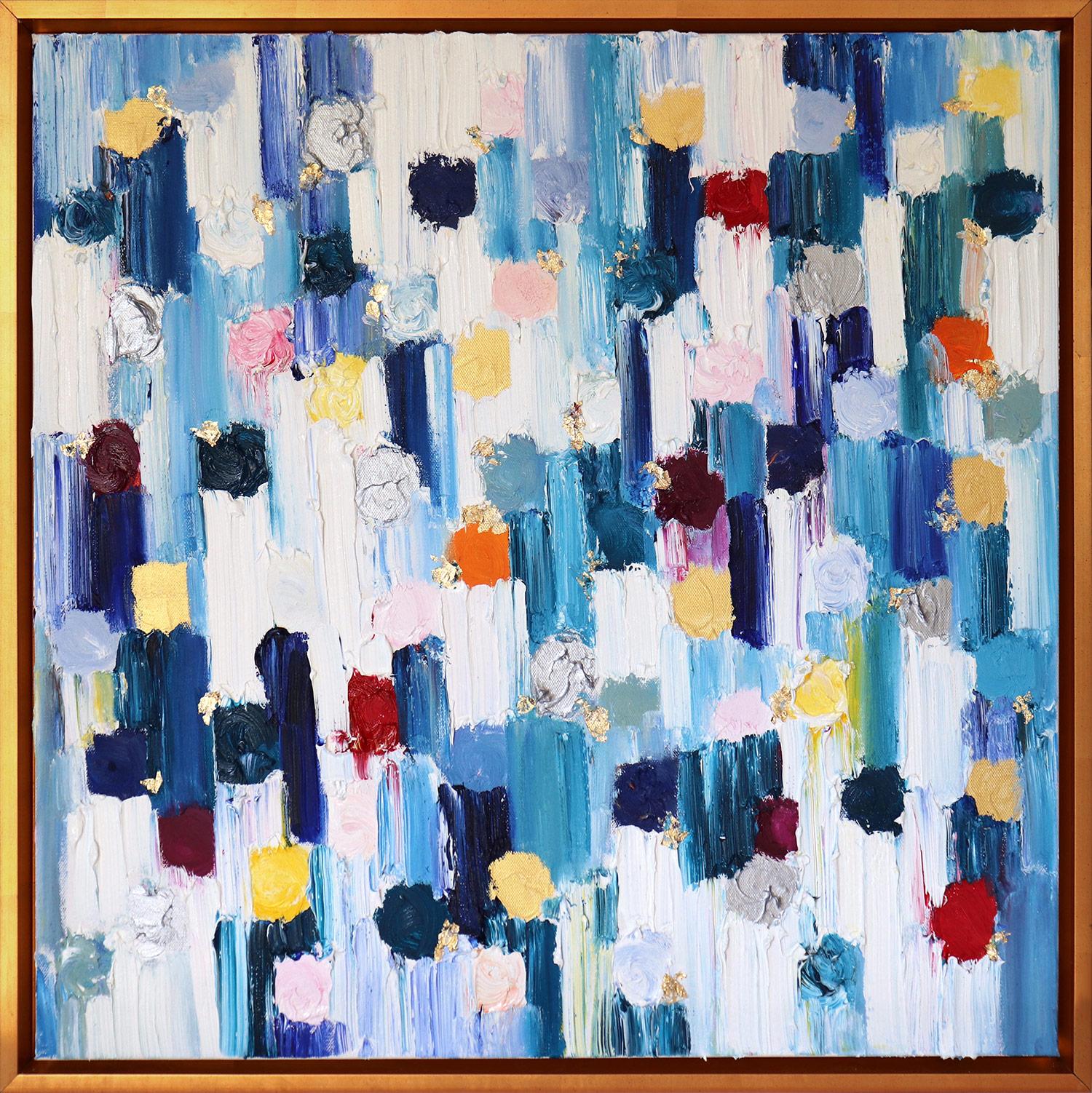 Cindy Shaoul Abstract Painting - "Dripping Dots - St. Tropez" Colorful Abstract Oil Painting on Canvas Framed