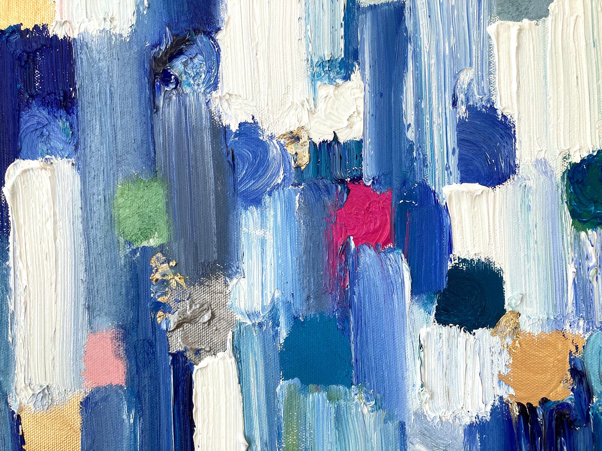 „Dripping Dots – St Tropez“, farbenfrohes abstraktes Ölgemälde auf Leinwand und Blattgold (Blau), Abstract Painting, von Cindy Shaoul