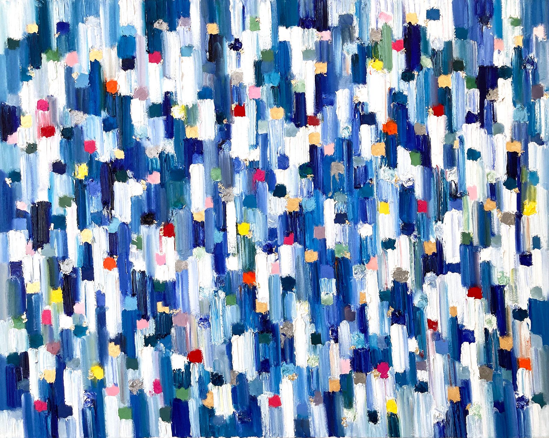 Cindy Shaoul Abstract Painting – „Dripping Dots – St Tropez“, farbenfrohes abstraktes Ölgemälde auf Leinwand und Blattgold