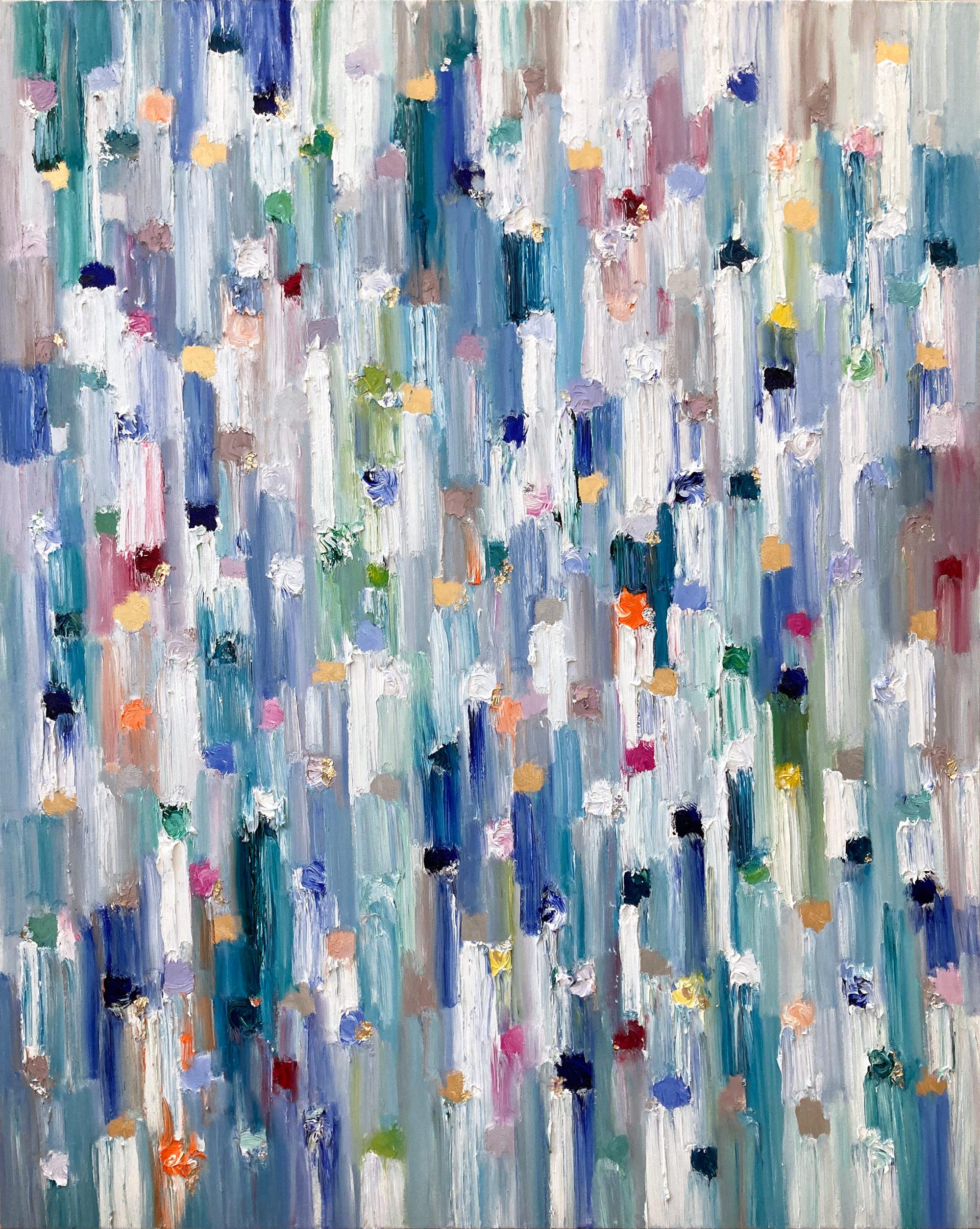 Cindy Shaoul Abstract Painting - "Dripping Dots - St. Tropez" Colorful Abstract Oil, Gold 
Silver Leaf Painting
