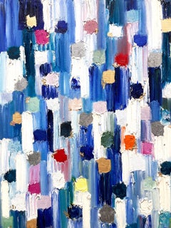 "Dripping Dots - Saint Tropez" Pintura al óleo abstracta de colores y dorada sobre lienzo