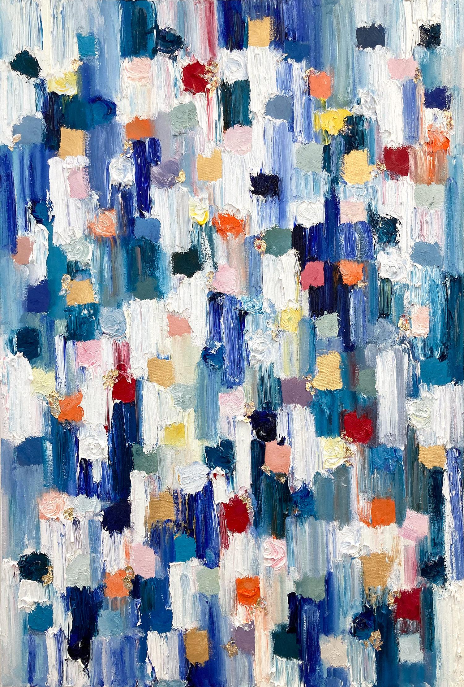 Cindy Shaoul Abstract Painting - "Dripping Dots - St. Tropez" Multicolor Gold Contemporary Oil Painting on Canvas