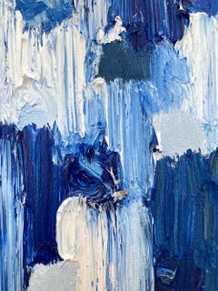 «Dripping Dots - Tulum»: pintura al óleo contemporánea sobre lienzo en azul y hoja de plata