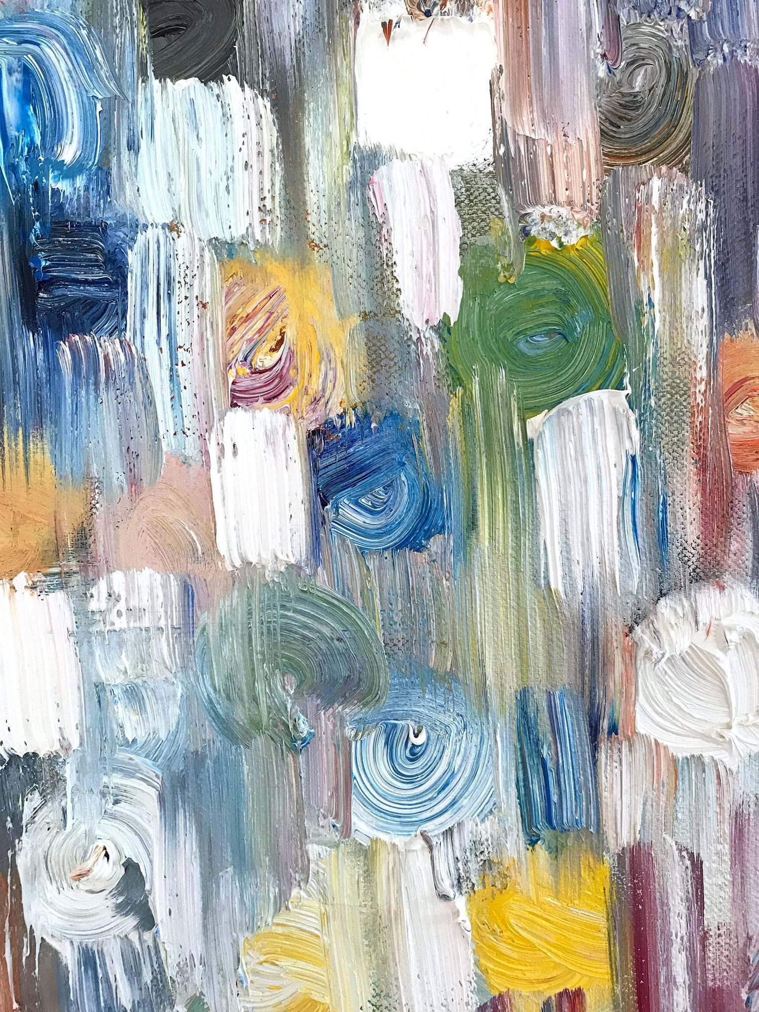 With layers of bright oils and whisking brush strokes, the paint is able to shine and shimmer in a very unique pattern. This painting is from Shaoul's more modern collective works with a very decorative contemporary style. The way the paint blends