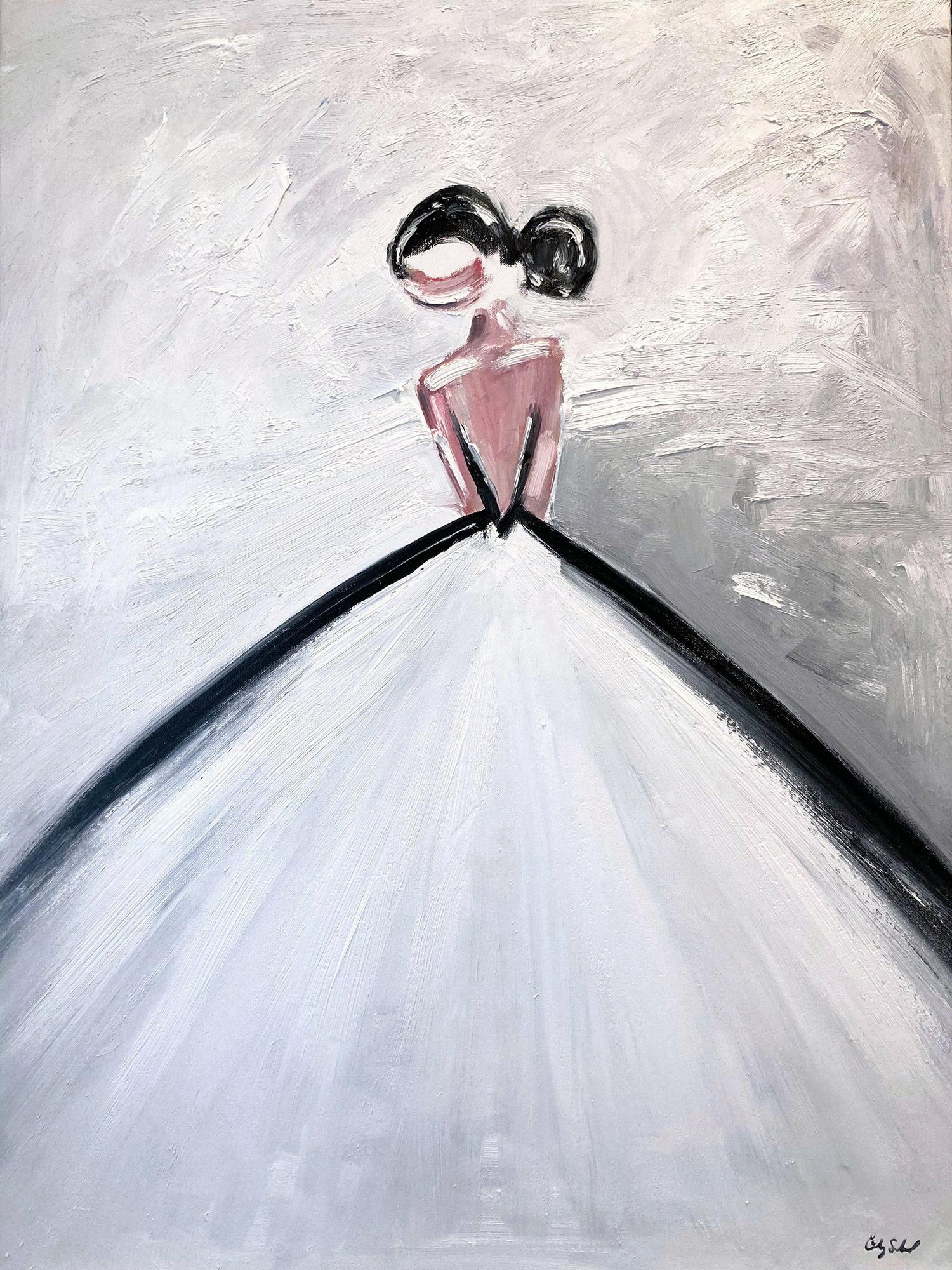 Cindy Shaoul Figurative Painting - "Emilia" Figure in Chanel Gown French Haute Couture Oil Painting on Canvas