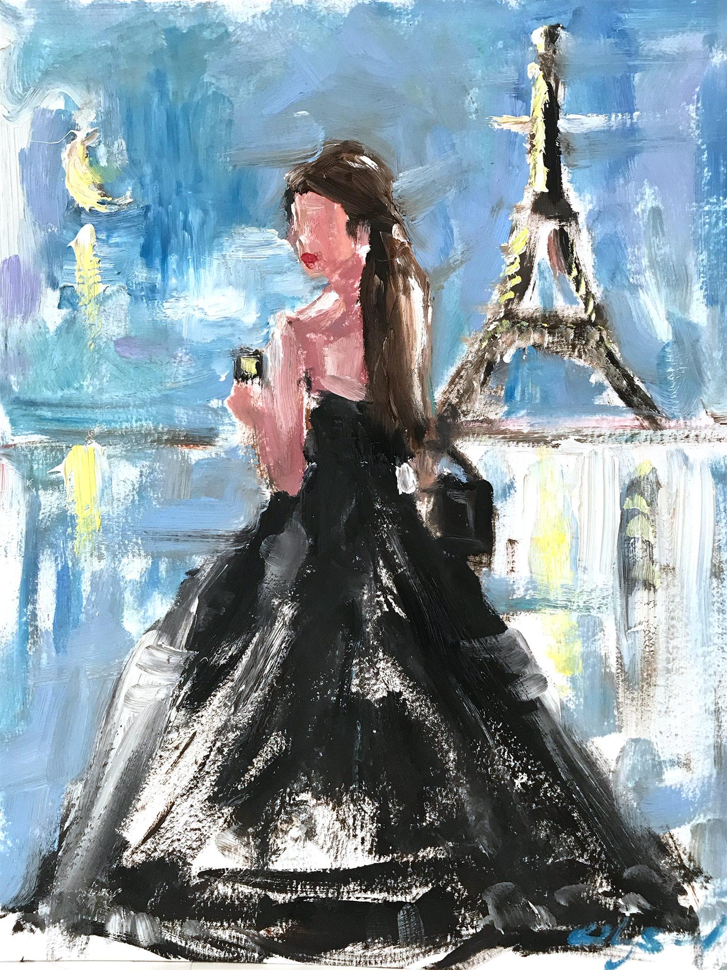 Cindy Shaoul Abstract Painting - "Emily in Paris" Figure wearing Chanel by Eiffel Tower Oil Painting on Paper
