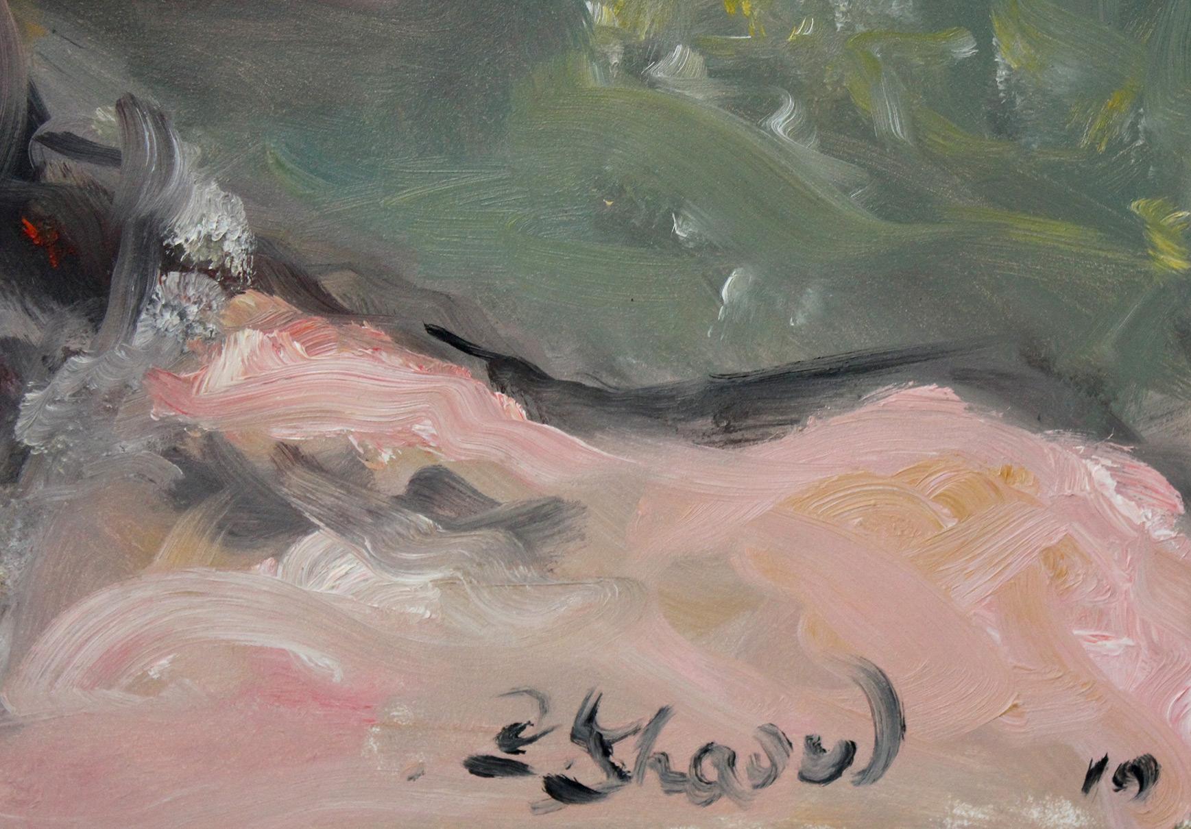 Peinture à l'huile abstraite « Émotion » d'une femme avec des perles - Gris Portrait Painting par Cindy Shaoul