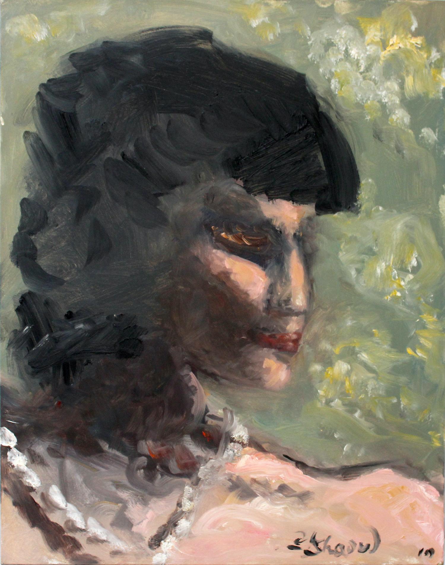 Portrait Painting Cindy Shaoul - Peinture à l'huile abstraite « Émotion » d'une femme avec des perles