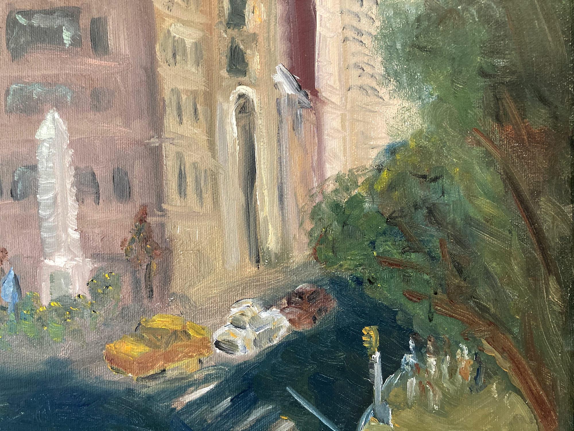 This painting depicts an impressionistic scene of New York City of the Empire State Building from Madison Square Park and 5th Avenue in the summer on a busy day with cars on the streets. This painting was painted on sight by the artist in