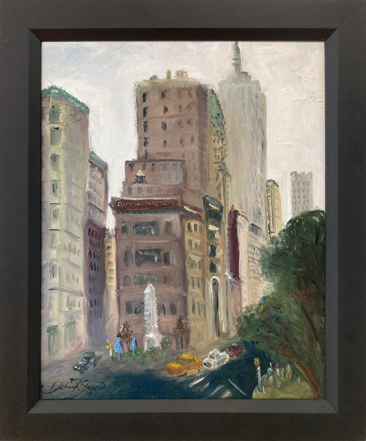 Landscape Painting Cindy Shaoul - "Empire State Building" Peinture à l'huile impressionniste d'une scène de rue de la ville de New York