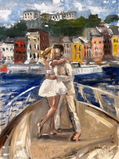 "Engaged in Portofino" Leonie Hanne in Haute Couture on a Yacht Oil Painting