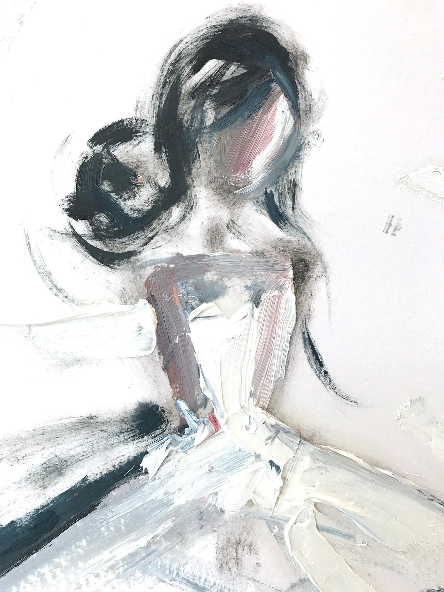 Peinture à l'huile sur papier - Figure abstraite avec robe de haute couture française 