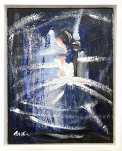 Peinture à l'huile sur panneau "Midnight Bride" Figure avec robe Haute Couture française