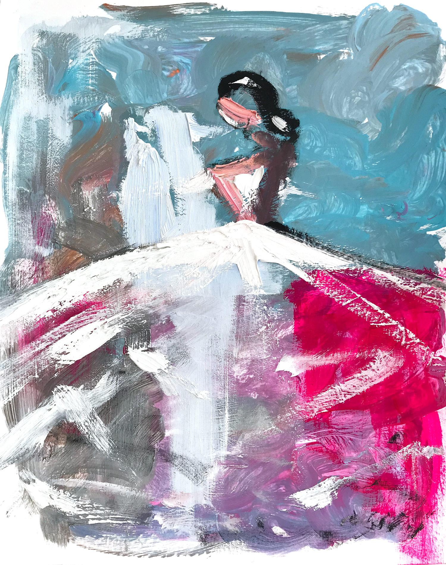 Abstract Painting Cindy Shaoul - Everly in Paris - Figure dans une robe de Chanel - Peinture à l'huile sur papier - Haute Couture