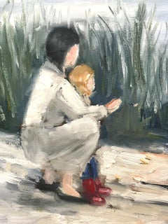 "Feeding the Ducks" Impressionistic Oil Painting on Canvas with Figures & Water