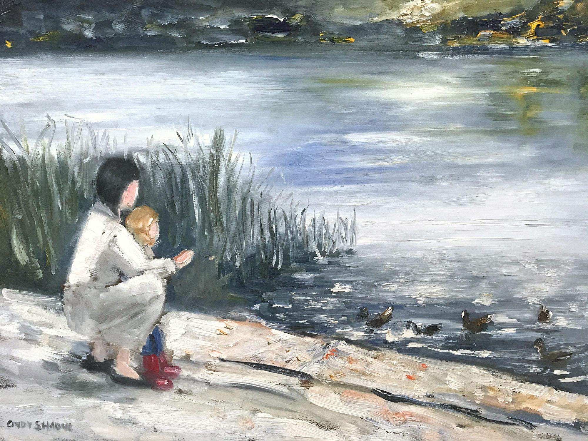 Cindy Shaoul Landscape Painting - "Feeding the Ducks" Impressionistic Oil Painting on Canvas with Figures & Water 