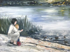 "Feeding the Ducks" Impressionistic Oil Painting on Canvas with Figures & Water 