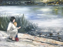 "Feeding the Ducks" Impressionistic Oil Painting on Canvas with Figures & Water