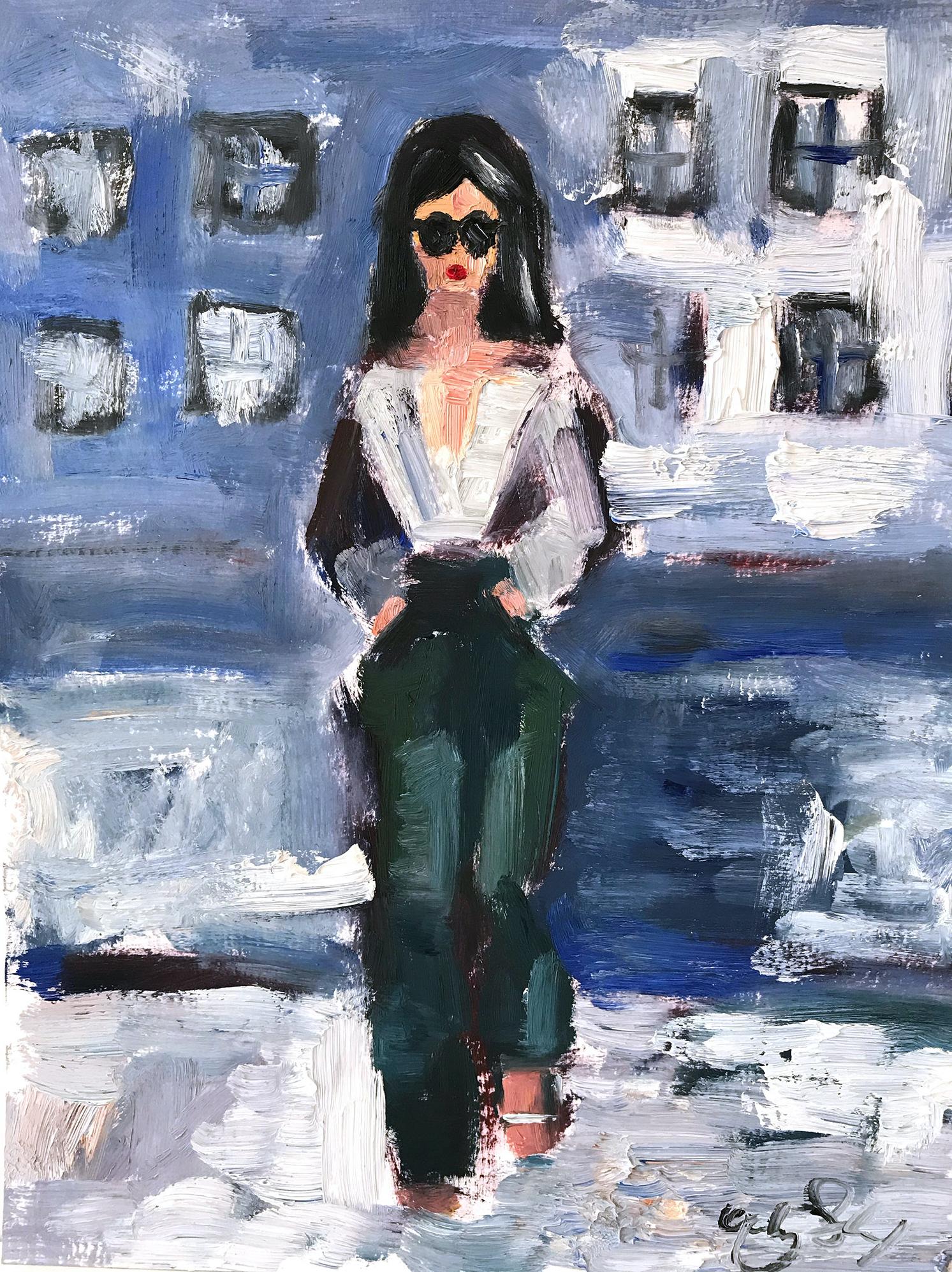 "Fierce in New York" Figure wearing Chanel NYC Oil Painting on Paper