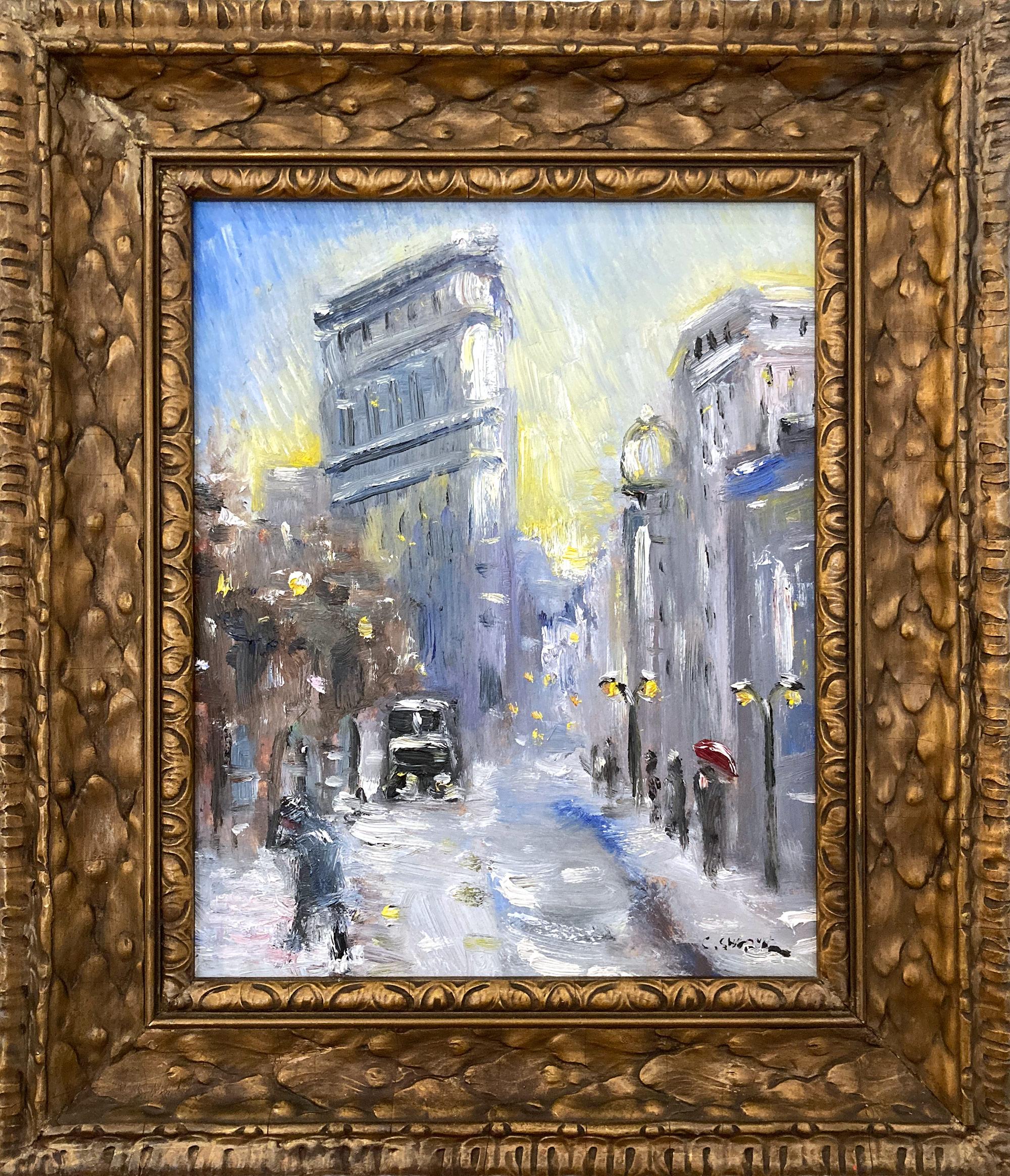 "Flatiron At Twilight NYC" Impressionist Snow Scene Oil Painting Framed