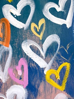 "Fly Next To You" Multicolor with Blue Pop Art Hearts Abstract Painting on Paper