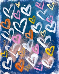"Fly Next To You" Multicolor with Blue Pop Art Hearts Abstract Painting on Paper