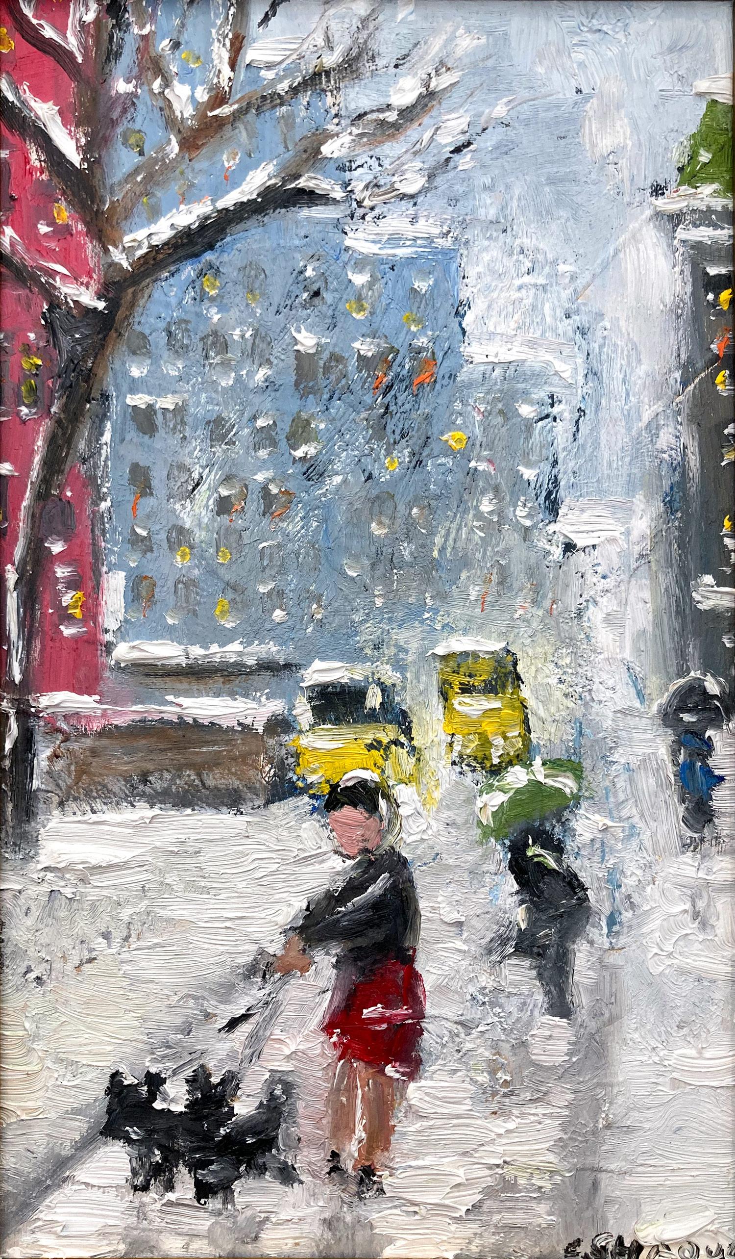 A charming depiction of Snow in Downtown New York City with a figure walking a dog and cars in the distance. A cozy impressionistic street scene with colors of cobalts, light pink, whites, and burnt sienna's. An iconic street scene with beautiful