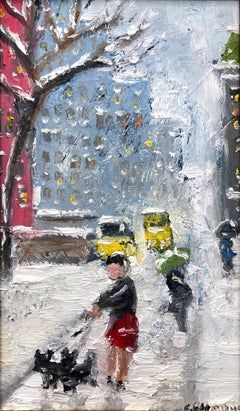 "For a Walk w Yorkies in NY" Impressionist Oil Painting in Style of Guy Wiggins