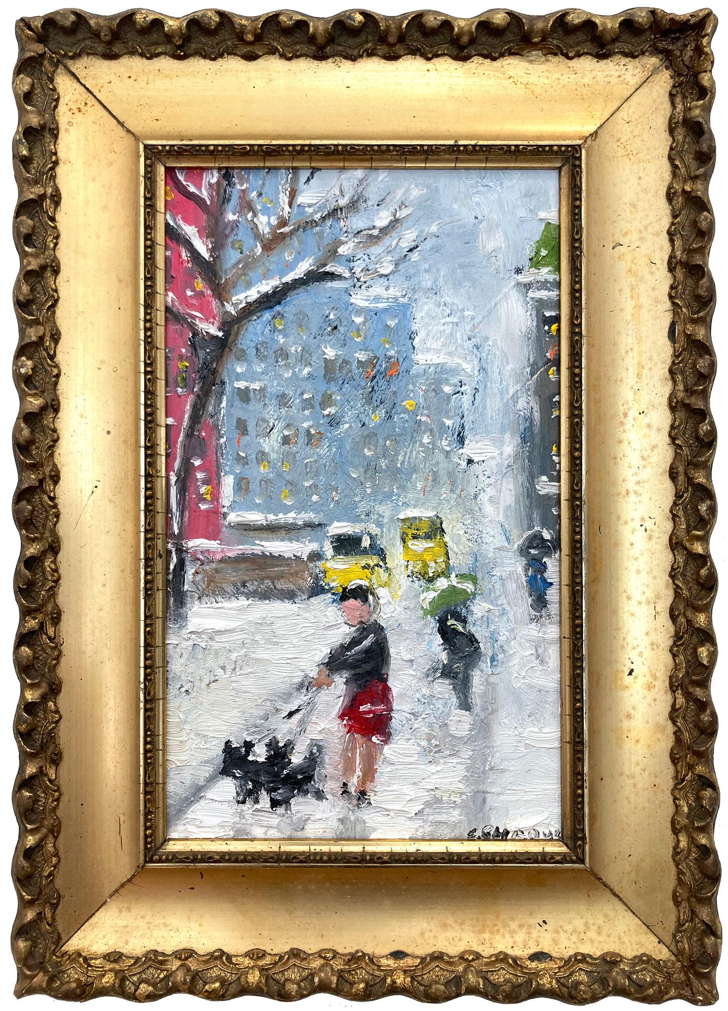 Cindy Shaoul Figurative Painting - "For a Walk w Yorkies in NY" Impressionist Oil Painting in Style of Guy Wiggins