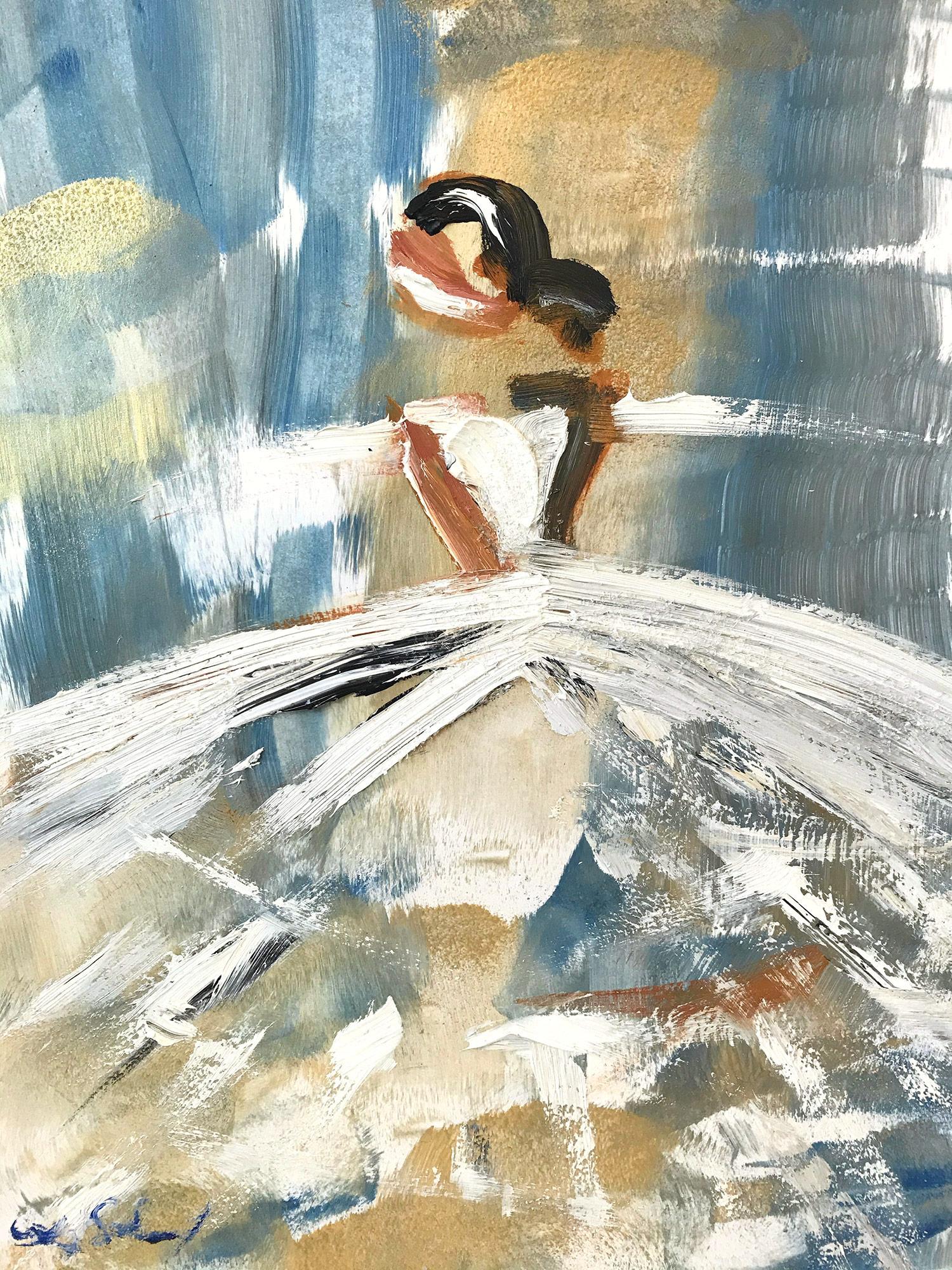 "Para siempre en Dior" Figura con vestido Alta Costura francesa Pintura al óleo sobre papel